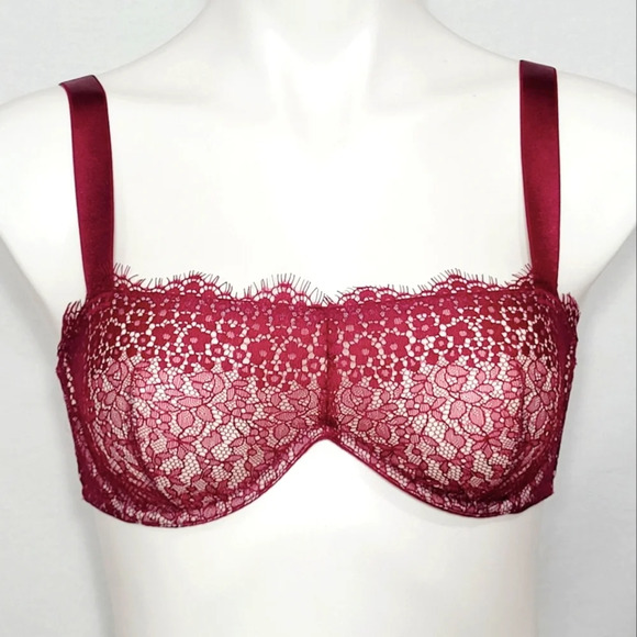 32C Victoria's Secret Semi Sheer Lace Balconette‎ Underwire Bra  Burgundy - Picture 1 of 7